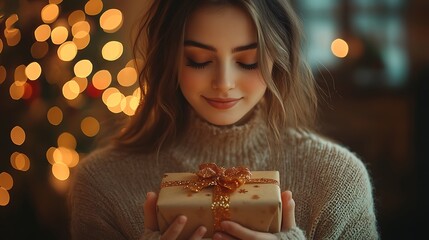 A young woman with a warm smile holds a wrapped gift box.  She is standing in front of a Christmas tree with twinkling lights.