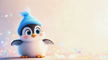 Wall Mural - illustration of cute penguin with blue woolen hat against bright background