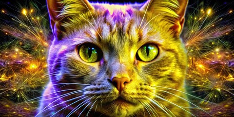 Vibrant and colorful cat portrait with an artistic glow.