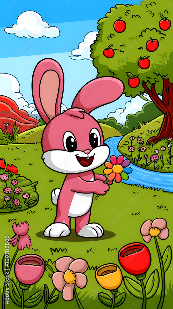 easter bunny with flowers, kids animal coloring book cover template a ...
