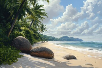 Wall Mural - Tropical beach with palm trees and boulders