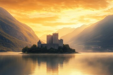 Poster - Majestic castle on a lake at sunset