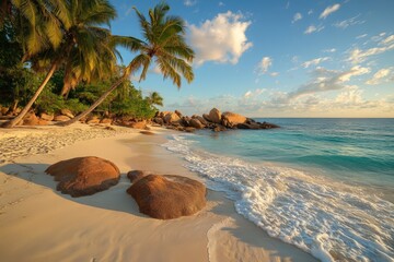 Poster - tropical beach with palm trees and rocky coastline