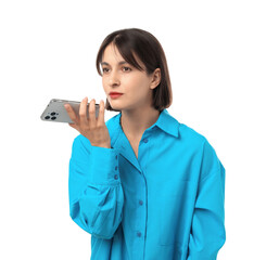 Sticker - Beautiful woman recording voice message via smartphone on white background