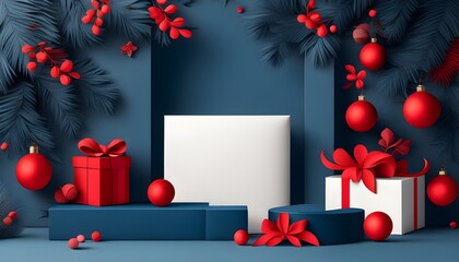 Wall Mural - Festive Christmas Scene featuring a White Gift Box with a Red Bow against a Serene Blue Background