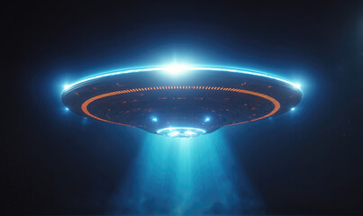 Wall Mural - a glowing ufo hovers in the night sky, illuminating the darkness with its bright lights
