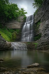 Canvas Print - Majestic waterfall cascading through lush green forest