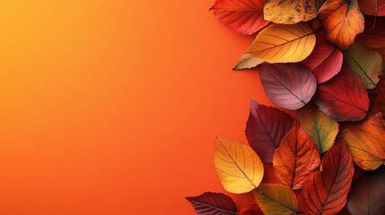 Autumnal leaves in rich reds, oranges, and yellows are arranged on the right side of an orange background with two vertical sections for text or images. The left section is blank t