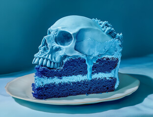 a blue velvet piece of cake in the shape and face of an evil skull, against a pastel blue background