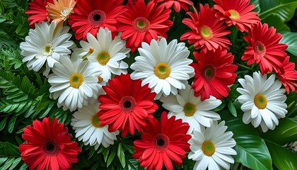 Wall Mural - Vivid floral display of red and white daisies surrounded by lush green leaves