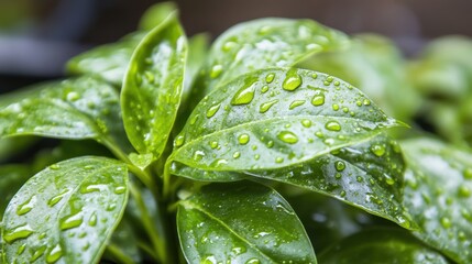 Lush green leaves adorned with water droplets reflect the recent rainfall, showcasing nature's beauty in the garden