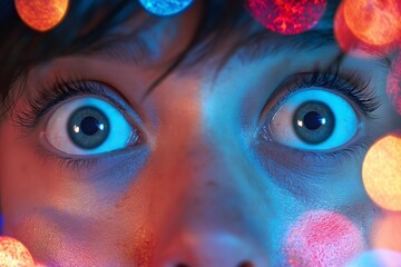 Sticker - Woman with blue eyes is looking at the camera. The background is a colorful pattern of circles. Person displaying surprise with wide eyes and raised eyebrows in a dynamic and colorful background