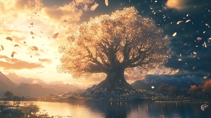 Wall Mural - Golden Tree in a Mystical Landscape