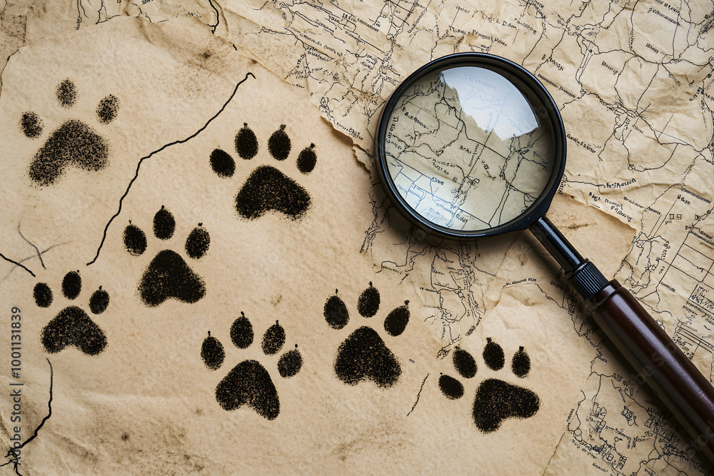 Paw prints on old map with magnifying glass highlighting the trail ...