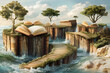 © Ram - Surreal floating islands made of books with trees, magical literary world with open books, knowledge pathways surrounded by water, fantasy landscape representing wisdom and imagination