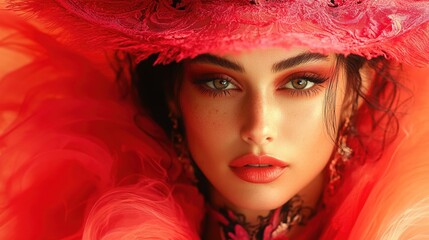 Wall Mural - A captivating portrait of a young woman with striking green eyes, adorned in vibrant red attire and an intricate hat, evoking a sense of elegance and bold style