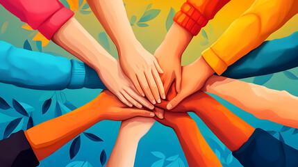 Wall Mural - Diverse team support concept of holding hands together. Communication and support of strong diverse network team colourful illustration