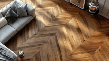 A seamless tamarind-colored oak parquet floor in a chevron design, showcasing the rich, warm hues and intricate pattern of the wood.