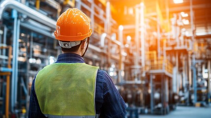 professional factory worker wearing safety gear and hardhat conducts a thorough inspection of pipes 