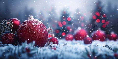 A breathtaking winter scene featuring festive red Christmas ornaments adorned with fresh snow against a blurred background of twinkling holiday lights