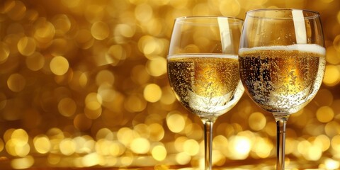 A captivating close-up image of two elegant glasses filled with sparkling champagne, against a dazzling gold bokeh background, ideal for celebration themes