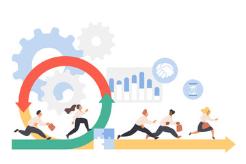 Wall Mural - Agile scrum methodology, project management and organization, cyclic development process with data diagram control. Tiny people team running fast on circular arrow cartoon vector illustration