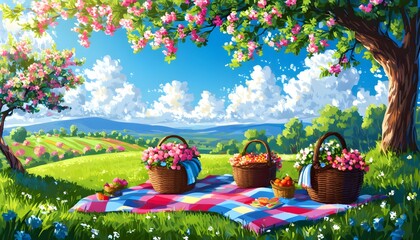 Wall Mural - Joyful picnic celebration beneath blossoming trees with baskets, checkered blanket, and vivid flowers on a bright sunny day