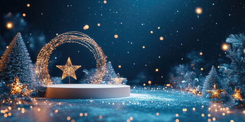 Wall Mural - a round empty podium against the backdrop of christmas decorations. perfect for placing your product