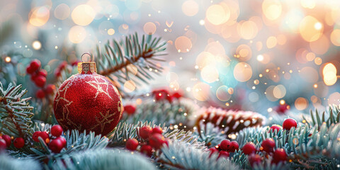 Wall Mural - christmas balls on the branches of a fir tree on a background of golden bokeh. christmas banner. ban