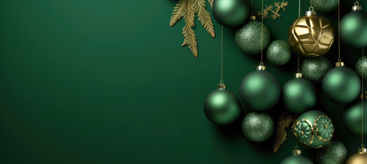 Wall Mural - green and gold balls on a green background. christmas banner. flat lay, top view. mock up. copy spac