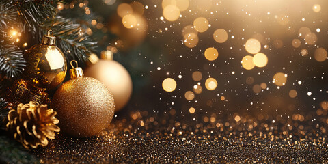Wall Mural - christmas balls, cones on the branches of a fir tree on a background of golden bokeh. christmas bann