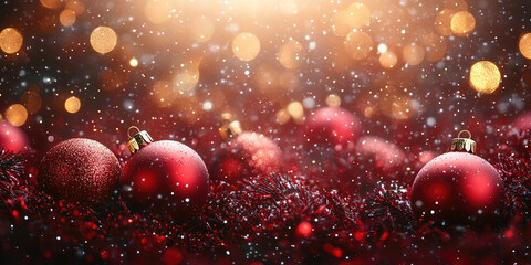 Wall Mural - cozy festive scene with shiny red ornaments and glittering garland in a snowy background, capturing 