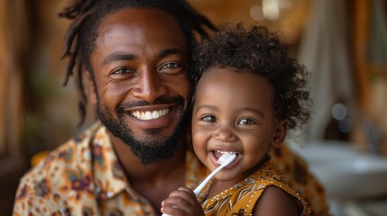 Poster - A man and a child are smiling and brushing their teeth together