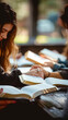 © Bartek - Young Women Engaged in Group Bible Study at Cozy Indoor Setting, Morning Light and Reflective Atmosphere, Focus on Togetherness and Spiritual Growth