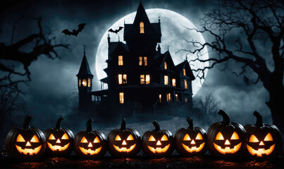 A row of lit jack-o'-lanterns sits in front of a spooky, dark house under a full moon on a foggy Halloween night