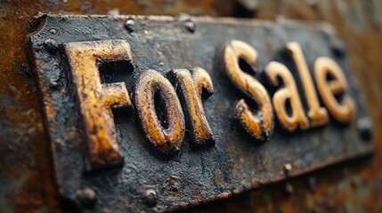 Wall Mural - A close-up image of a weathered, rusty metal sign with embossed lettering that reads For Sale, showcasing aged texture and rough surface details