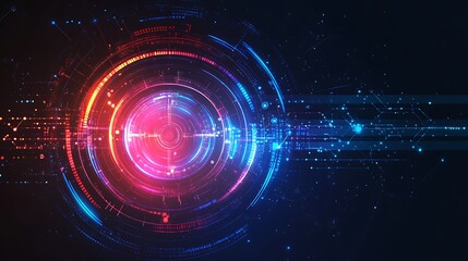Abstract futuristic technology background with glowing circular interface and digital elements on dark blue background.