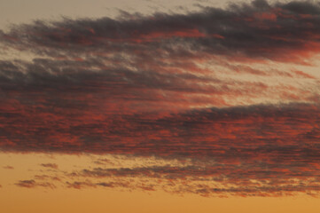 Sunset sky background, colorful sunset sky panoramic view. Vast panoramic sunset sky with dramatic colorful clouds