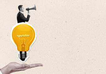 Businessman with Megaphone Standing on a Large Lightbulb Over a Hand on Beige Background.