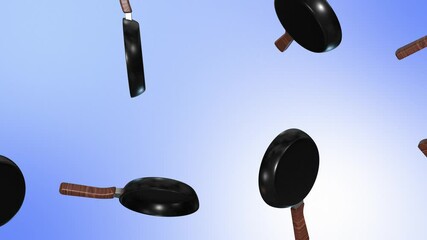 Frying Pan 3D Falling on a Light Blue Background. Kitchen Utensils 3D. 4K