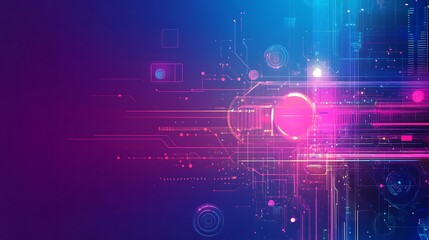 Abstract digital background with glowing circuits, lines and shapes.