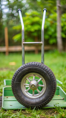 small dirty gray black metal and plastic wheel on a trolley outdoors on a green background