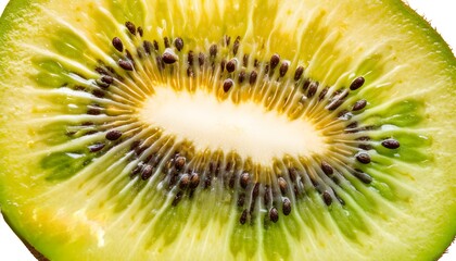 Vibrant close-up of a juicy kiwi slice highlighting its lush green color and natural seeds, embodying healthy eating and tropical fruit themes