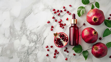 Wall Mural - Pomegranate seed oil in dropper bottle with fresh fruits on light marble background with copy space. Antioxidant-rich ingredient for skincare and culinary use. Superfood extract, wellness elixir