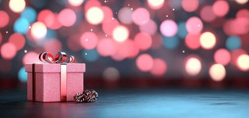 A pink gift box with a ribbon on a blurred bokeh background.