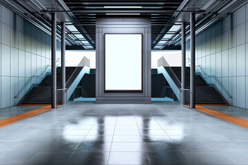 Wall Mural - Blank billboard in a modern subway station with stairs on each side. 3D Rendering