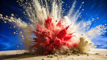 Wall Mural - Red color powder explosion splash with freeze isolated on background, abstract splatter of colored dust powder.