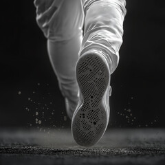 A realistic, high-detail scene of a baseball player sprinting towards the viewer, wearing long sleeves and long pants. The player is running directly forward with the right foot in the foreground