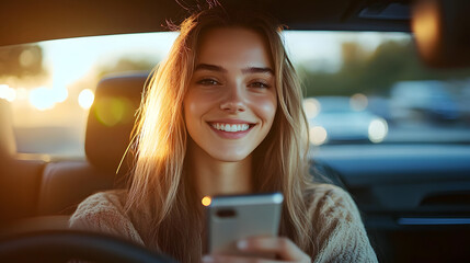 Wall Mural - A woman is smiling and holding a cell phone in a car