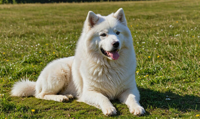 A white Samoyed dog lays in the grass, smiling, on a sunny day